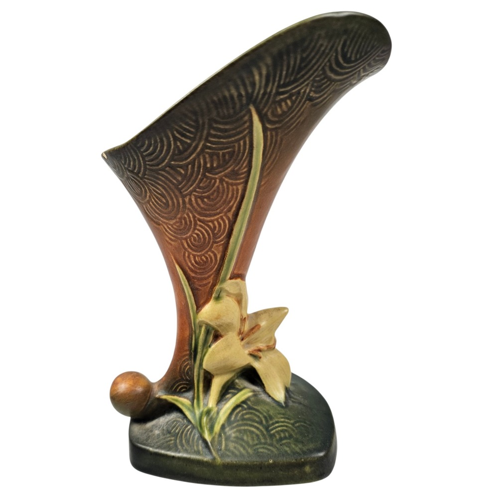 Roseville Pottery Clematis Cornucopia Vase 204-8 Brown Green Floral Vintage 1944